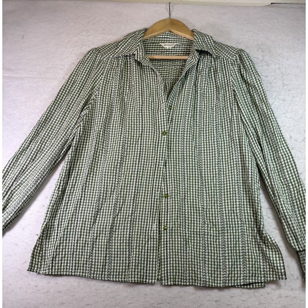Max Studio Women's M Button Up Shirt M Green Check Shirred Cuffs Embroidery